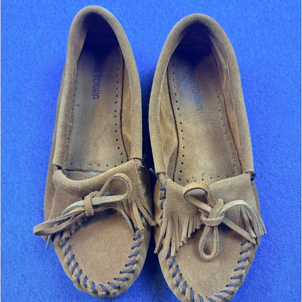 Minnetonka Kilty Suede Moccasins Tan Brown Fringe Loafers 402 Size 8.5